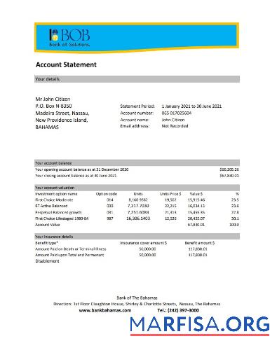 Printable Bahamas Bank of the Bahamas bank statement excel download for verification